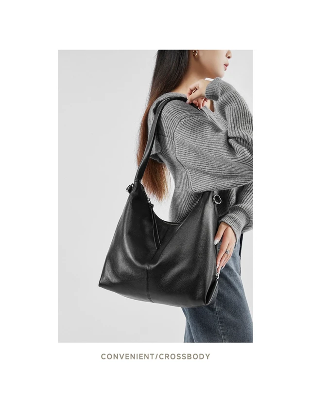 Alt view image 3 of 3 - Women Genuine Leather Canvas Handbags Shoulder Bags Black