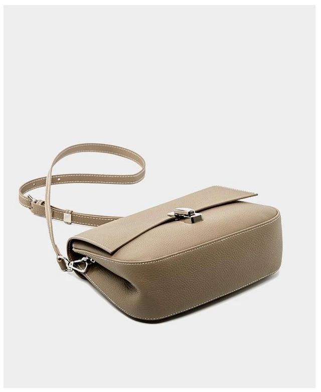 Alt view image 4 of 4 - Genuine Leather Women Square Crossbody Shoulder Purse Flap Satchel Handbag Grey