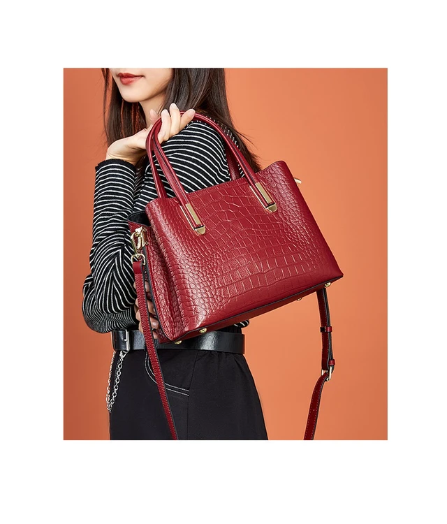 Alt view image 2 of 2 - Genuine Leather Women Shoulder Handbags Tote Bag Red