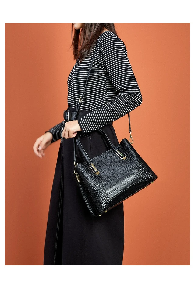 Alt view image 3 of 3 - Genuine Leather Women Shoulder Handbags Tote Bag Black