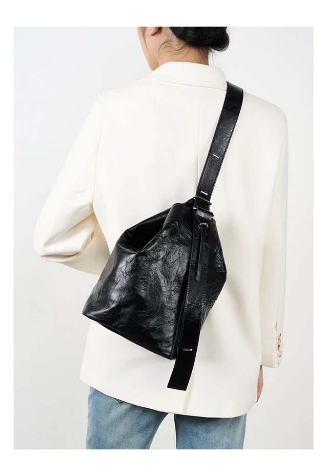 Alt view image 3 of 3 - Wrinkled Cowhide Bucket Bag Women's Tote Bag Black