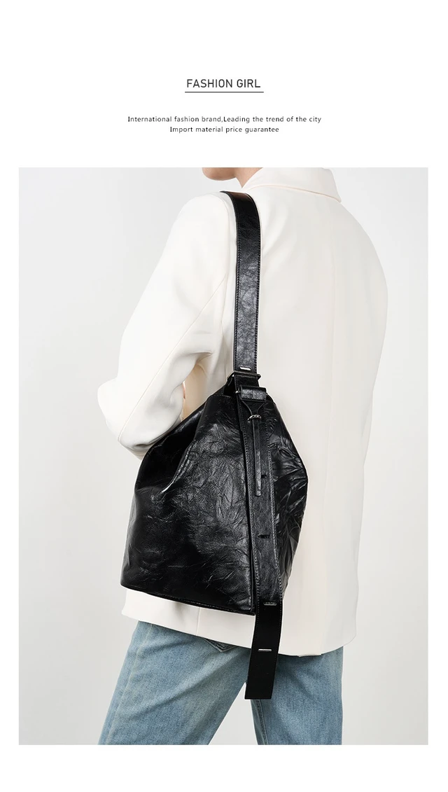 Alt view image 2 of 3 - Wrinkled Cowhide Bucket Bag Women's Tote Bag Black