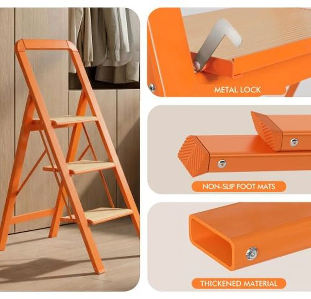 Alt view image 2 of 7 - 3 Step Ladder Folding Step Stool for Adults with Wide Anti-Slip Pedal, Aluminium Lightweight Foldable Step Ladders for Home Kitchen Office, 450 lbs Capacity