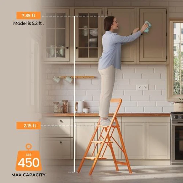 Alt view image 6 of 7 - 3 Step Ladder Folding Step Stool for Adults with Wide Anti-Slip Pedal, Aluminium Lightweight Foldable Step Ladders for Home Kitchen Office, 450 lbs Capacity