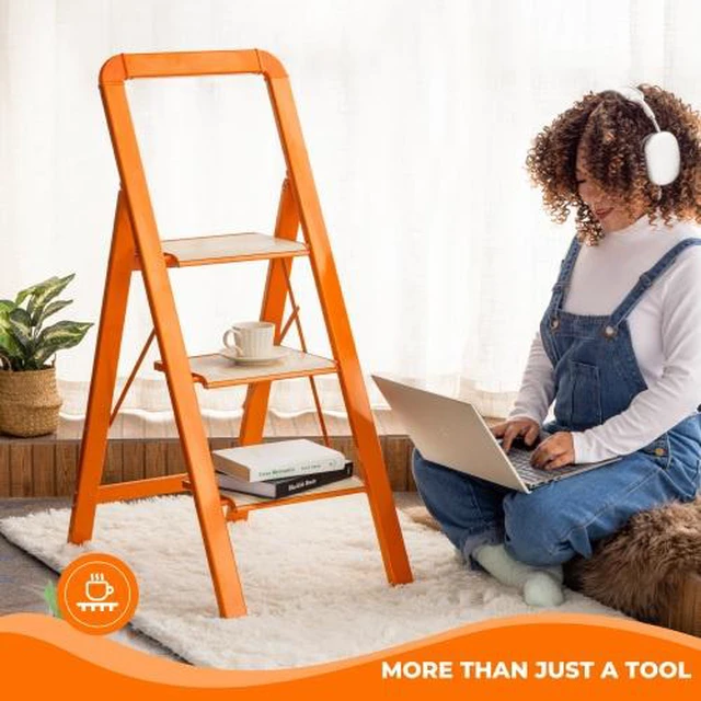 Alt view image 7 of 7 - 3 Step Ladder Folding Step Stool for Adults with Wide Anti-Slip Pedal, Aluminium Lightweight Foldable Step Ladders for Home Kitchen Office, 450 lbs Capacity