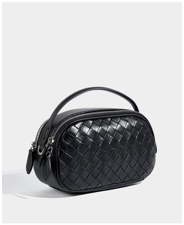 Main image of Genuine Leather Knitted Double Zipper Shoulder Crossbody Bag Black