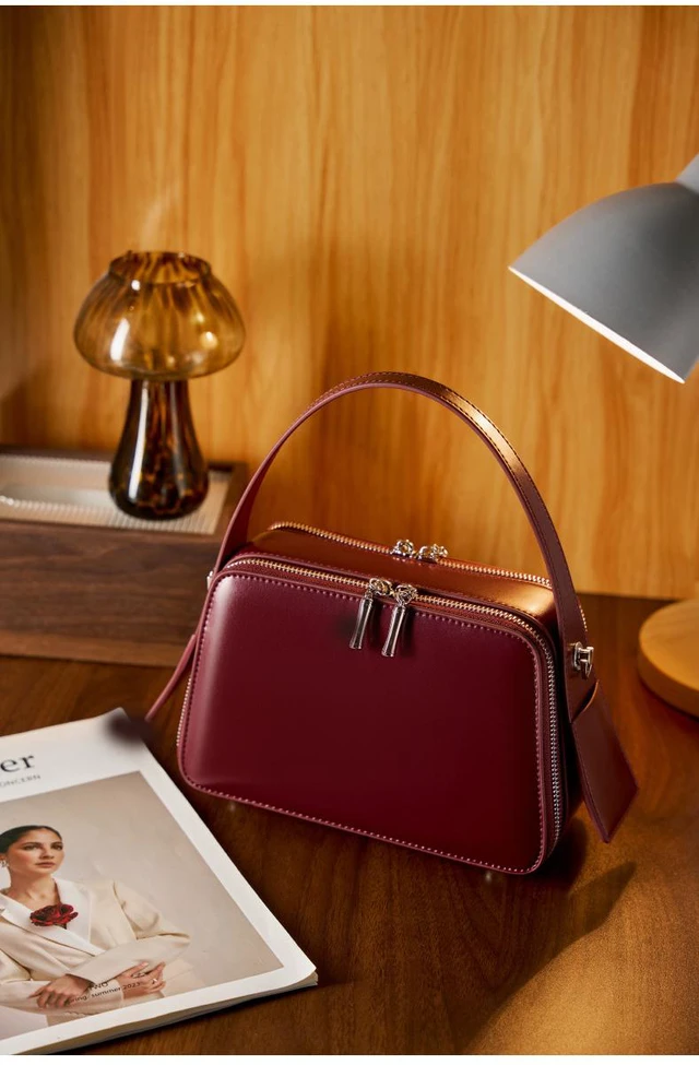 Main image of Genuine Leather Cute Tote Handbags Crossbody Bag with Long Strap Red