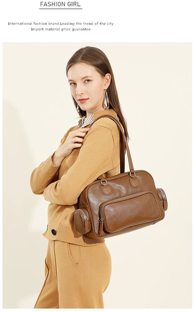Main image of Genuine Leather Women Tote Bag Top-handle Shoulder Bag Brown