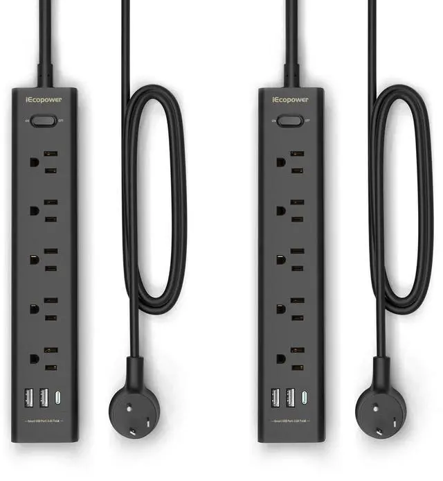Main image of 2 Pack Power Strip Surge Protector-5 Widely Spaced Outlets 3 USB Ports(1 USB C Port),1250W/10A with 5Ft Extension Cord, Power Strips with Surge Protection, Wall Mount for Home Office,Black