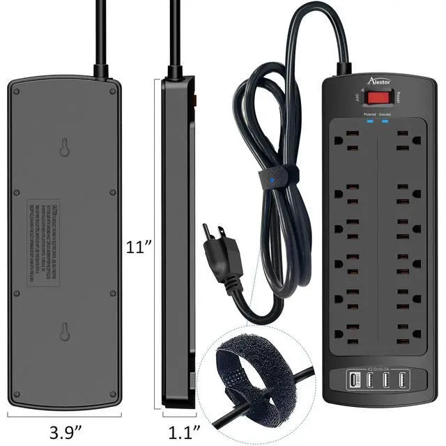 Alt view image 7 of 7 - Power Strip, Surge Protector with 12 Outlets and 4 USB Ports, 6 Feet Extension Cord (1875W/15A), 2700 Joules, ETL Listed, Black