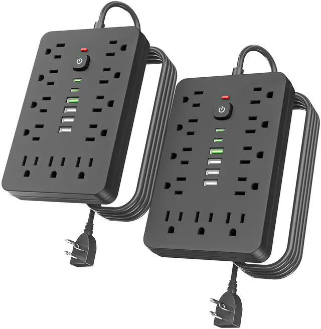 Main image of 2PCS 6 FT Flat Plug Surge Protector Power Strip,11 Multiple AC Outlets with 6 USB Ports (2 USB C), 6 Feet Extension Cord, 1250W/10A, One Touch Switch Button, 17 in 1 Compact powerstrip