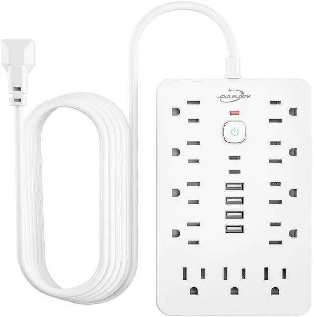 Main image of 6 FT Flat Plug Surge Protector Power Strip,11 Multiple AC Outlets with 6 USB Ports (2 USB C), 6 Feet Extension Cord, 1250W/10A, One Touch Switch Button, 17 in 1 Compact powerstrip-White