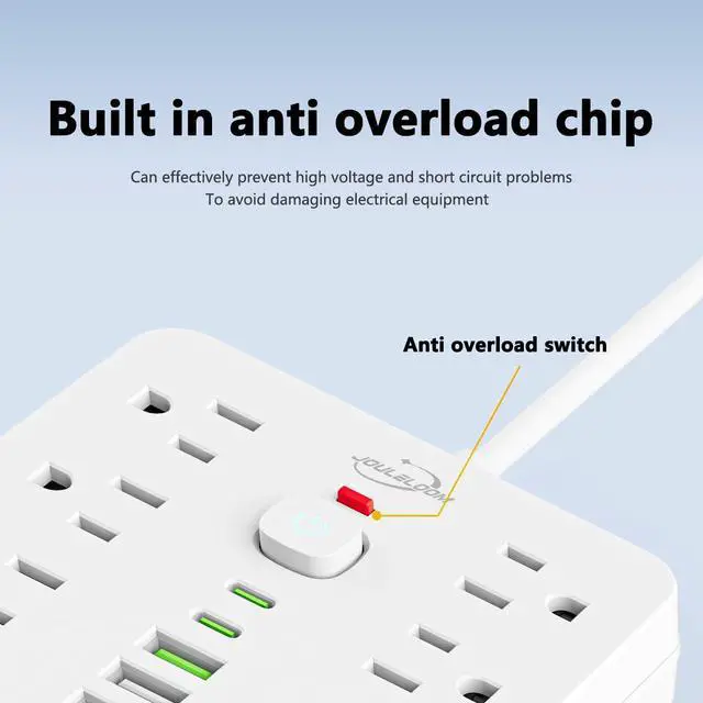 Alt view image 4 of 7 - 6 FT Flat Plug Surge Protector Power Strip,11 Multiple AC Outlets with 6 USB Ports (2 USB C), 6 Feet Extension Cord, 1250W/10A, One Touch Switch Button, 17 in 1 Compact powerstrip-White