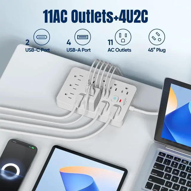 Alt view image 2 of 7 - 6 FT Flat Plug Surge Protector Power Strip,11 Multiple AC Outlets with 6 USB Ports (2 USB C), 6 Feet Extension Cord, 1250W/10A, One Touch Switch Button, 17 in 1 Compact powerstrip-White