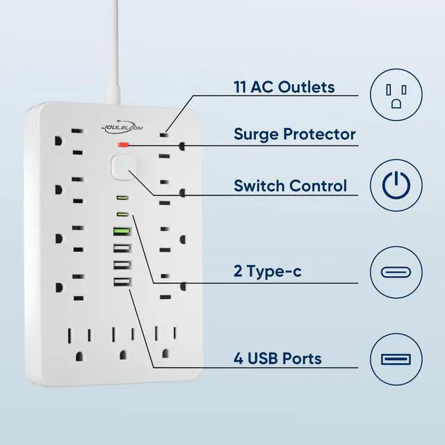 Alt view image 3 of 7 - 6 FT Flat Plug Surge Protector Power Strip,11 Multiple AC Outlets with 6 USB Ports (2 USB C), 6 Feet Extension Cord, 1250W/10A, One Touch Switch Button, 17 in 1 Compact powerstrip-White
