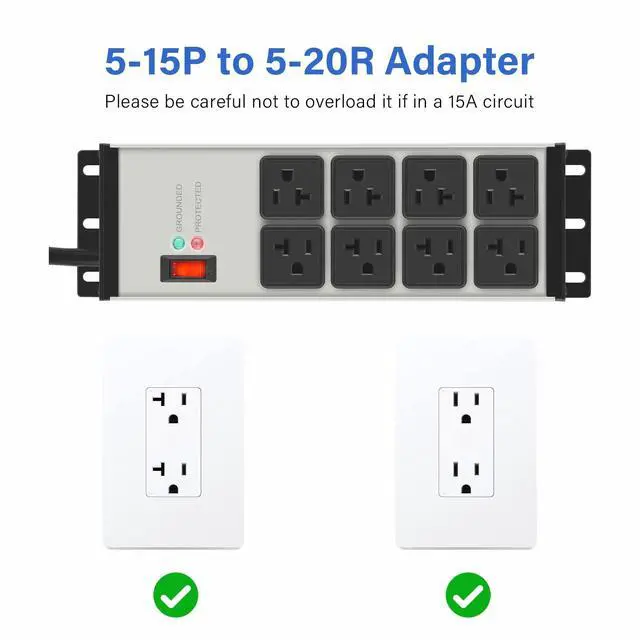Alt view image 5 of 7 - 2PCS Heavy Duty Power Strip Surge Protector 20 AMP, 8 Outlets 12 Gauge Industrial Shop Garage Metal Multiple Outlets, 6 FT Extension Cord 5-15P Adapter High Amp 6-20R T-Slot 20a for Appliance