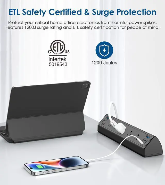 Alt view image 3 of 7 - Jgstkcity Desk Clamp Power Strip USB C,40W Total Fast Charging Station,4 PD 20W USB C Ports,Desk Edge Mount Surge Protector,5 Outlets,Fit 1.96" Tabletop Edge,ETL Listed