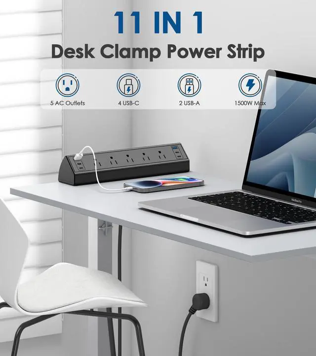 Alt view image 4 of 7 - Jgstkcity Desk Clamp Power Strip USB C,40W Total Fast Charging Station,4 PD 20W USB C Ports,Desk Edge Mount Surge Protector,5 Outlets,Fit 1.96" Tabletop Edge,ETL Listed