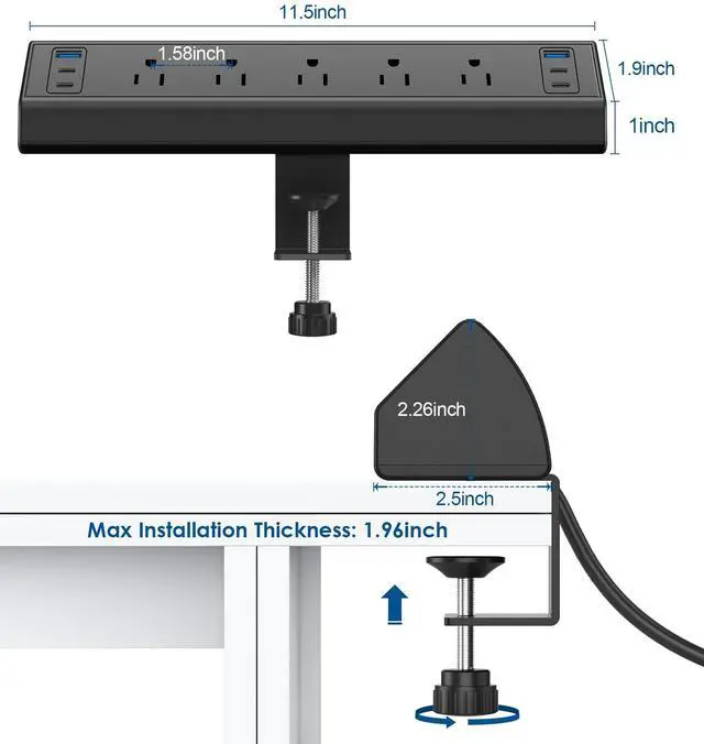 Alt view image 7 of 7 - Jgstkcity Desk Clamp Power Strip USB C,40W Total Fast Charging Station,4 PD 20W USB C Ports,Desk Edge Mount Surge Protector,5 Outlets,Fit 1.96" Tabletop Edge,ETL Listed