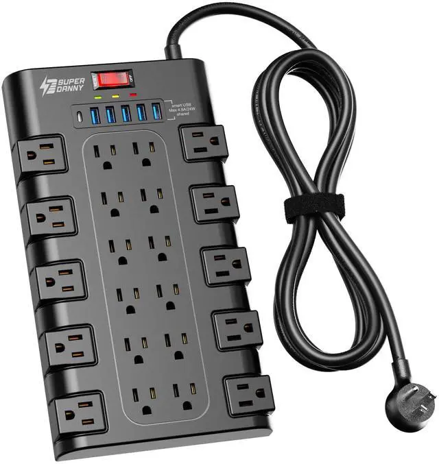 Main image of Power Strip, Surge Protector with 22 AC Outlets and 6 USB Charging Ports, 1875W/15A, 2100 Joules, 6.5Ft Flat Plug Heavy Duty Extension Cord for Home, Office, Dorm, Gaming Room, Black