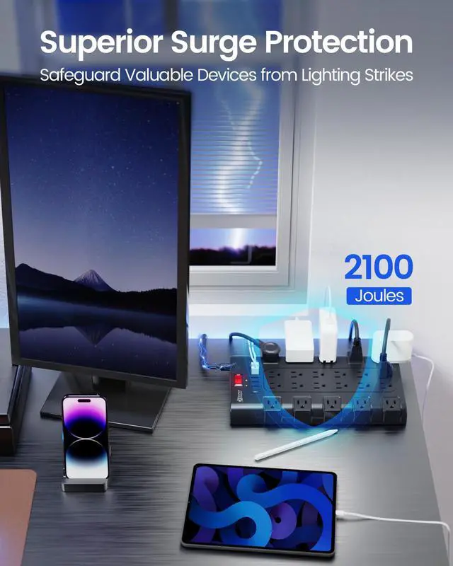 Alt view image 5 of 7 - Power Strip, Surge Protector with 22 AC Outlets and 6 USB Charging Ports, 1875W/15A, 2100 Joules, 6.5Ft Flat Plug Heavy Duty Extension Cord for Home, Office, Dorm, Gaming Room, Black