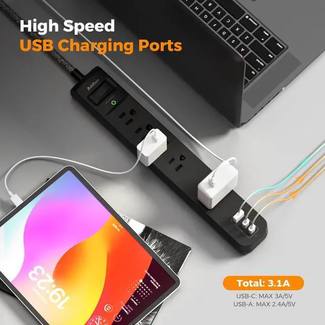 Alt view image 4 of 7 - 2 Pack Power Strip Surge Protector - 5 Widely Spaced Outlets 3 USB Charging Ports, 1875W/15A 6Ft Braided Extension Cord, Flat Plug Overload Protection, Wall Mount for Home Office Dorm Room Essentials