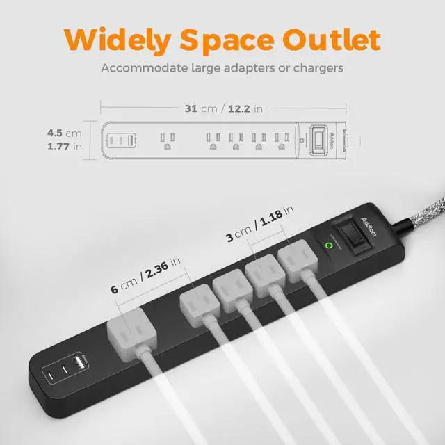 Alt view image 3 of 7 - 2 Pack Power Strip Surge Protector - 5 Widely Spaced Outlets 3 USB Charging Ports, 1875W/15A 6Ft Braided Extension Cord, Flat Plug Overload Protection, Wall Mount for Home Office Dorm Room Essentials