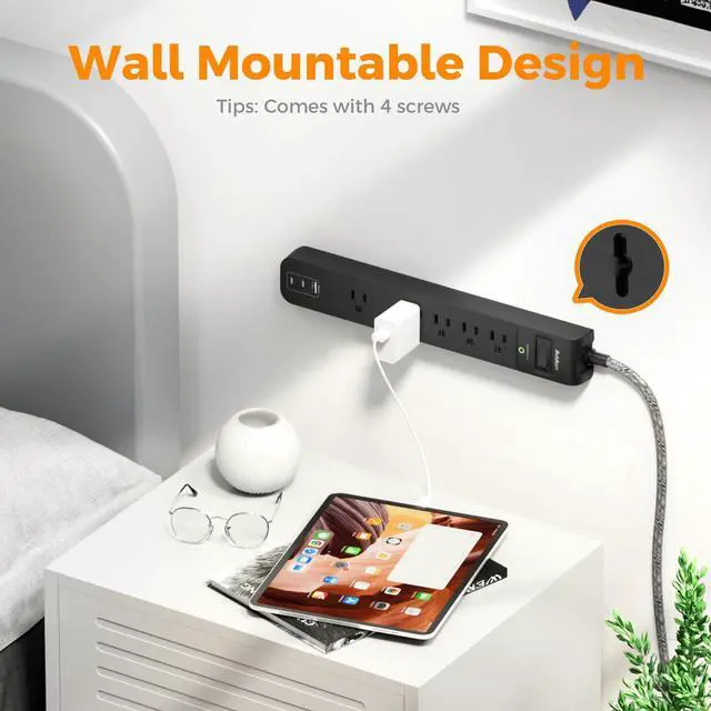 Alt view image 6 of 7 - 2 Pack Power Strip Surge Protector - 5 Widely Spaced Outlets 3 USB Charging Ports, 1875W/15A 6Ft Braided Extension Cord, Flat Plug Overload Protection, Wall Mount for Home Office Dorm Room Essentials