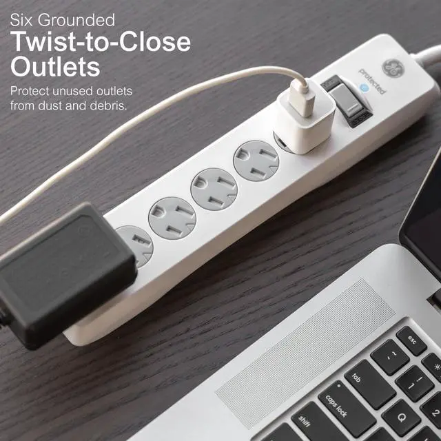 Alt view image 2 of 6 - Surge Protector Power Strip, 10 Ft Extension Cord, 6 Outlet Extender, 800 Joules, Flat Plug, Twist-to-Close Safety Covers, ETL Listed, White, 14092