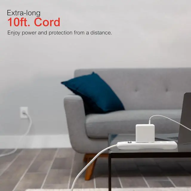 Alt view image 4 of 6 - Surge Protector Power Strip, 10 Ft Extension Cord, 6 Outlet Extender, 800 Joules, Flat Plug, Twist-to-Close Safety Covers, ETL Listed, White, 14092