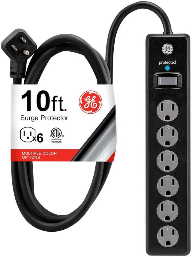 Main image of 6-Outlet Surge Protector, 10 Ft Extension Cord, Power Strip, 600 Joules, Twist-to-Close Safety Covers, Protected Indicator Light, ETL Listed, Black, 37442