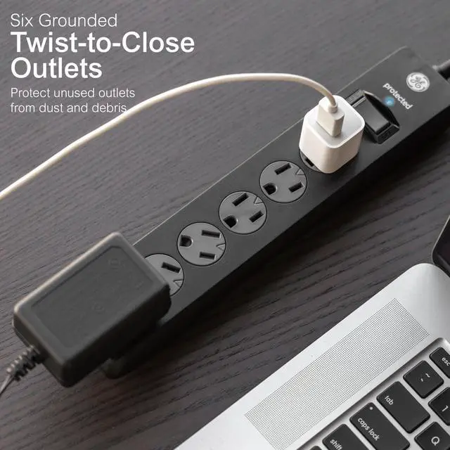 Alt view image 3 of 7 - 6-Outlet Surge Protector, 10 Ft Extension Cord, Power Strip, 600 Joules, Twist-to-Close Safety Covers, Protected Indicator Light, ETL Listed, Black, 37442