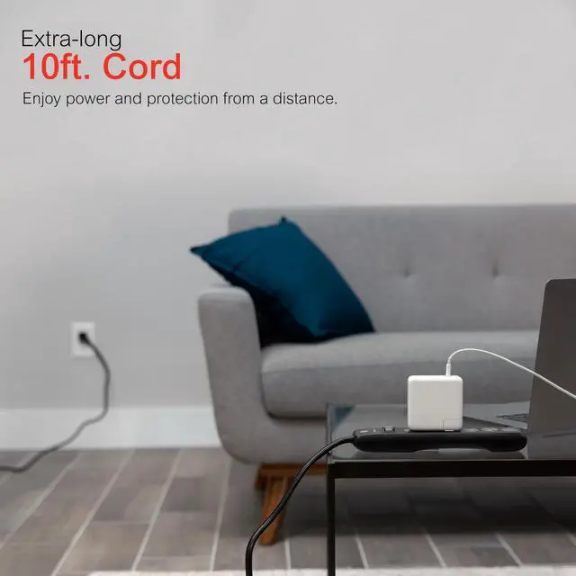 Alt view image 5 of 7 - 6-Outlet Surge Protector, 10 Ft Extension Cord, Power Strip, 600 Joules, Twist-to-Close Safety Covers, Protected Indicator Light, ETL Listed, Black, 37442