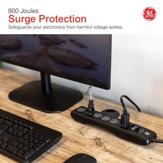 Alt view image 7 of 7 - 6-Outlet Surge Protector, 10 Ft Extension Cord, Power Strip, 600 Joules, Twist-to-Close Safety Covers, Protected Indicator Light, ETL Listed, Black, 37442