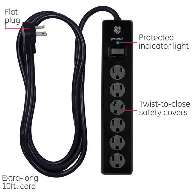 Alt view image 2 of 7 - 6-Outlet Surge Protector, 10 Ft Extension Cord, Power Strip, 600 Joules, Twist-to-Close Safety Covers, Protected Indicator Light, ETL Listed, Black, 37442