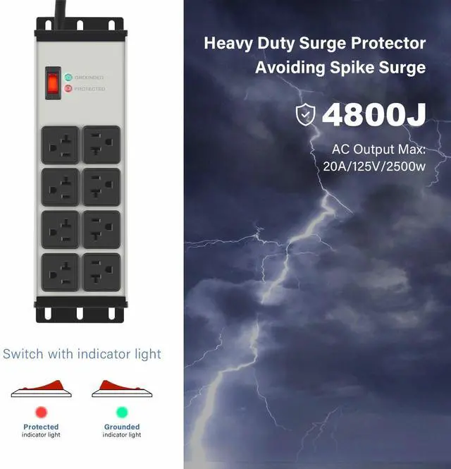 Alt view image 2 of 7 - 2PCS Heavy Duty Power Strip Surge Protector 20 AMP, 8 Outlets 12 Gauge Industrial Shop Garage Metal Multiple Outlets, 6 FT Extension Cord 5-15P Adapter High Amp 6-20R T-Slot 20a for Appliance