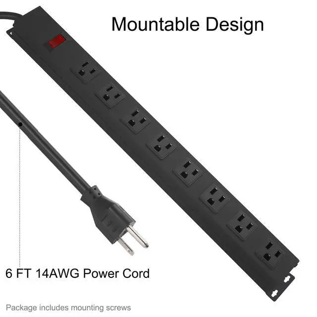 Alt view image 5 of 7 - Metal 8 Outlet Mountable Power Strip, Wall Mount Outlet Heavy Duty, Wide Spaced Commercial Shop Power Strip with Switch, 15A 125V 1875W, 6 FT SJT 14AWG Power Cord.(Black)