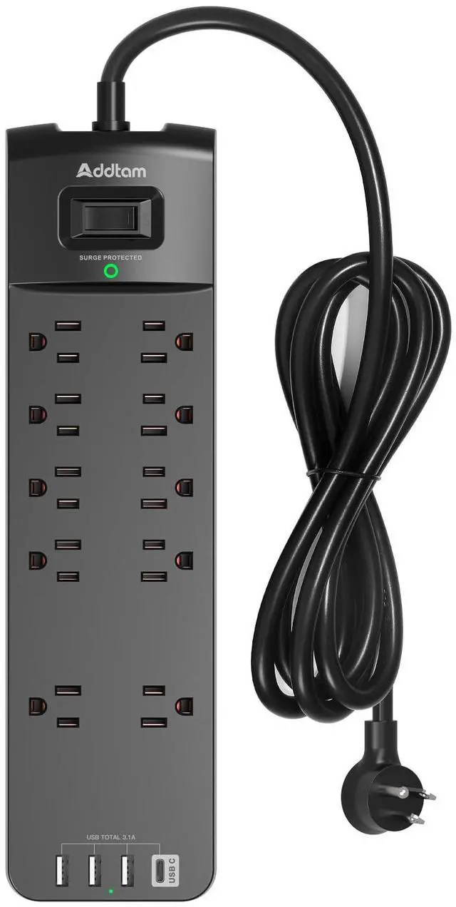 Main image of Power Strip - Surge Protector with 10 Outlets and 4 USB Ports, 6 Feet Extension Cord with Flat Plug, 2700 Joules, ETL Listed, Black