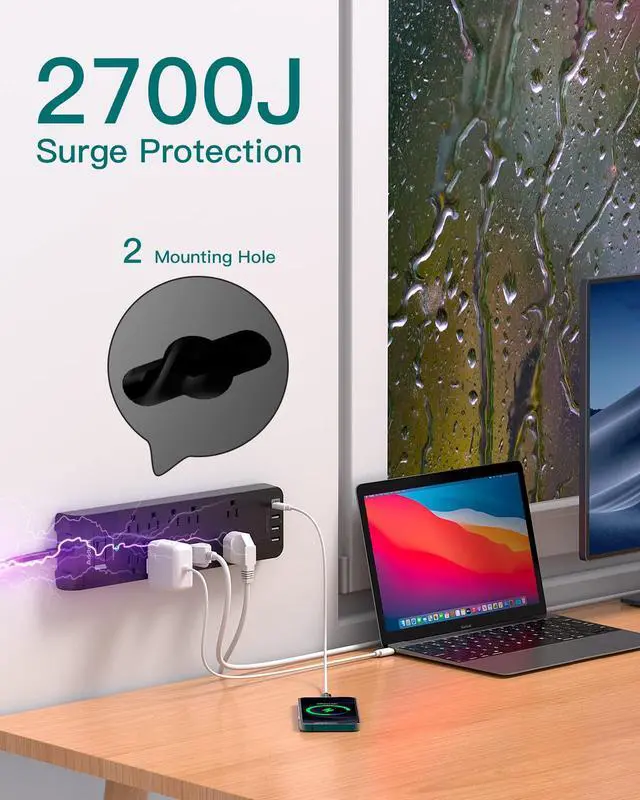 Alt view image 5 of 7 - Power Strip - Surge Protector with 10 Outlets and 4 USB Ports, 6 Feet Extension Cord with Flat Plug, 2700 Joules, ETL Listed, Black