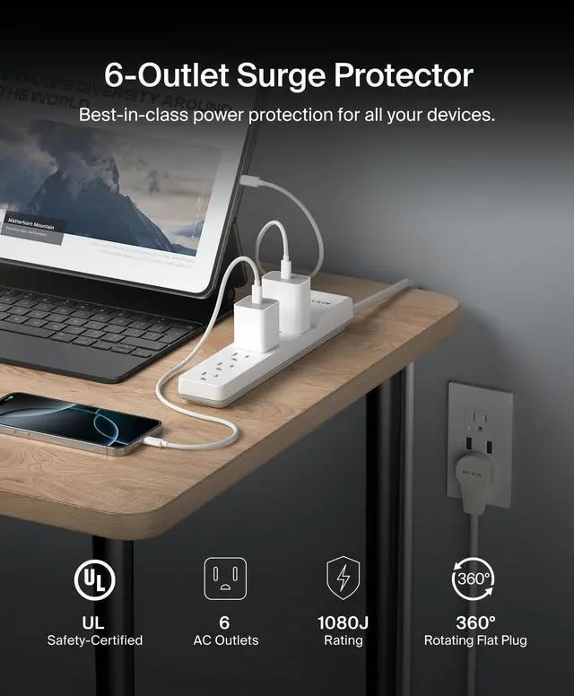 Alt view image 2 of 7 - 6-Outlet Surge Protector Power Strip, 6ft Cord, 360° Rotating Plug - 1080 Joules Protection