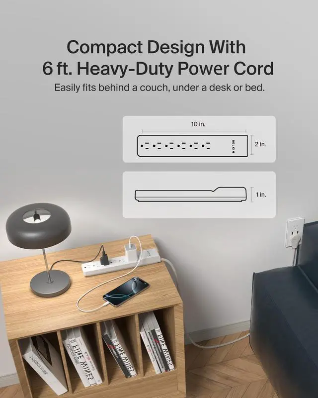 Alt view image 6 of 7 - 6-Outlet Surge Protector Power Strip, 6ft Cord, 360° Rotating Plug - 1080 Joules Protection