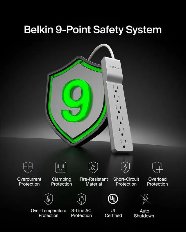 Alt view image 7 of 7 - 6-Outlet Surge Protector Power Strip, 6ft Cord, 360° Rotating Plug - 1080 Joules Protection