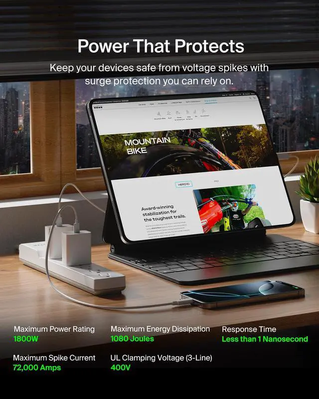 Alt view image 4 of 7 - 6-Outlet Surge Protector Power Strip, 6ft Cord, 360° Rotating Plug - 1080 Joules Protection