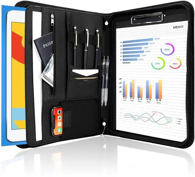Main image of Portfolio Business Padfolio Folder with Zipper, Conference Meeting Executive File Legal Document Organizer with Pockets Letter Size A4 Writing Pad Notepad Padfolio -Black