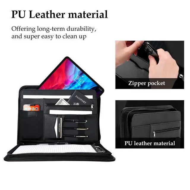 Alt view image 4 of 7 - Portfolio Business Padfolio Folder with Zipper, Conference Meeting Executive File Legal Document Organizer with Pockets Letter Size A4 Writing Pad Notepad Padfolio -Black