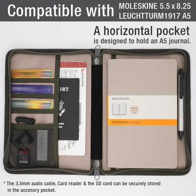 Alt view image 2 of 7 - Zipper Journal Notebook Cover for 5.5 x 8.25 A5 Moleskine LEUCHTTURM Notebooks Journals Planners Sketchbooks Legal pads with Pen Holder, Water Resistant Cover, Classy Waxed Canvas, Olive