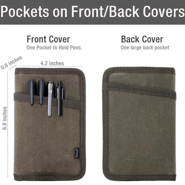 Alt view image 2 of 7 - Journal Cover for Field Notes Notebooks Moleskine Cahier 3.5 x 5.5 with zipper pen holder, Water Resistant Pocket Notebook Cover for Journal Notebook planner, Classy Waxed Canvas, Olive