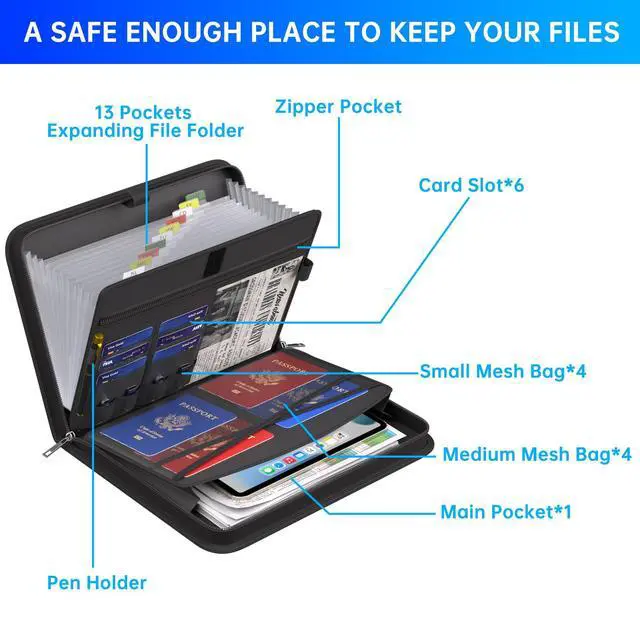 Alt view image 5 of 7 - Accordion File Organizer, Fireproof Expanding File Folder with 13 Pockets Document Organizer with Handle & Labels, Portable Home Travel Safe Storage for Letter A4 Files and More, Black