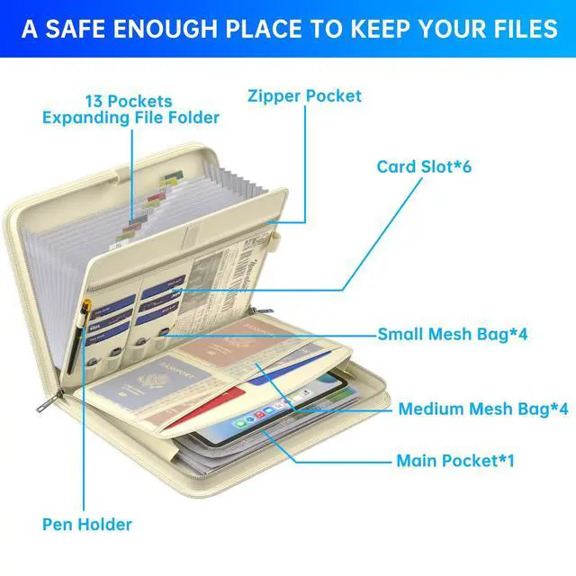 Alt view image 5 of 7 - Accordion File Organizer,Fireproof Expanding File Folder with Multi Pockets,13 Pockets Document Organizer Bag with Handle & Labels,Portable Home Travel Safe Storage for Letter A4 Files,Beige