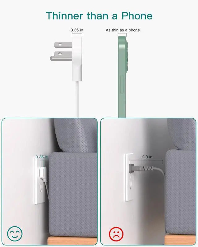 Alt view image 2 of 7 - Flat Plug Power Strip, Ultra Thin Flat Extension Cord - 12 Widely AC 3 Sides Multiple Outlets, 5Ft, 1050J Surge Protector, Wall Mount, Desk Charging Station for Home Office Dorm Room Essentials